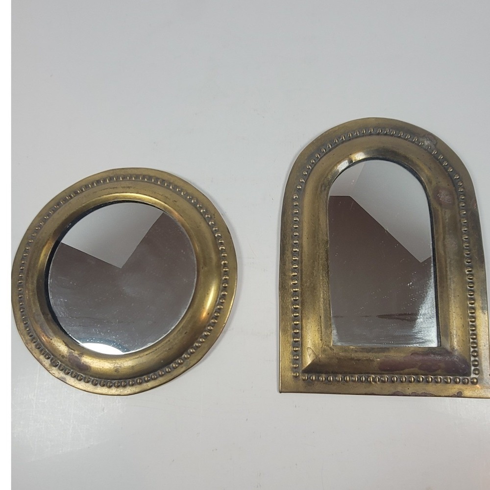 Vintage Brass Beaded Small Accent Wall Mirrors Set of 2 Round Arched India Rare